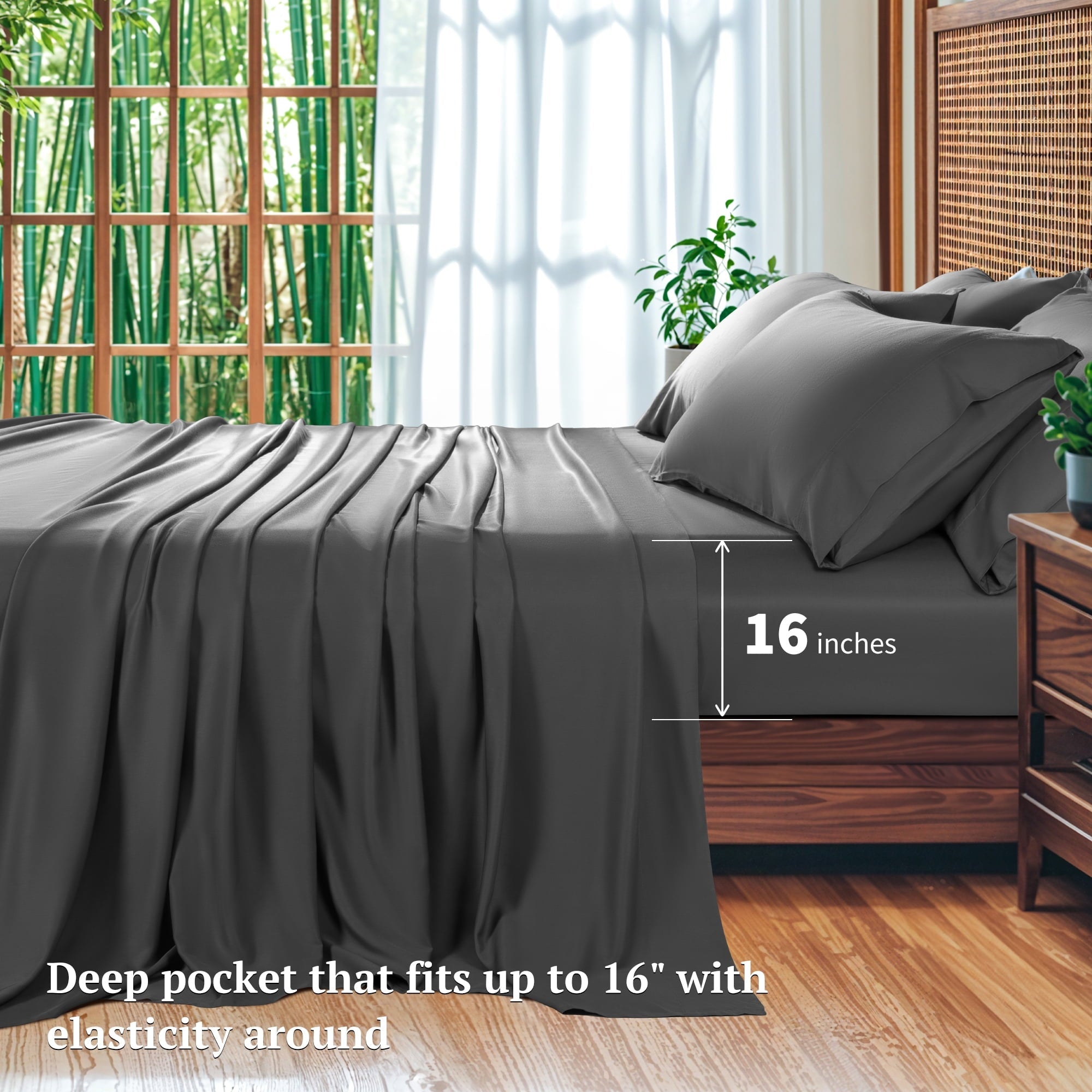 SONORO KATE 6 Pieces Bamboo Bed Sheets Set, Luxury Rayon Derived - Deep Pockets - Wrinkle Free - Extremely Soft, Queen, Dark Gray - Image 2